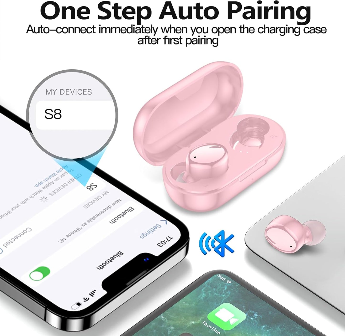 Wireless Earbuds Bluetooth 5.3 in Ear Buds Light Weight Headphones,Deep Bass Sound,Built in Mics Headset,Clear Calls Earphones for Sports Workout Glossy Bight Pink