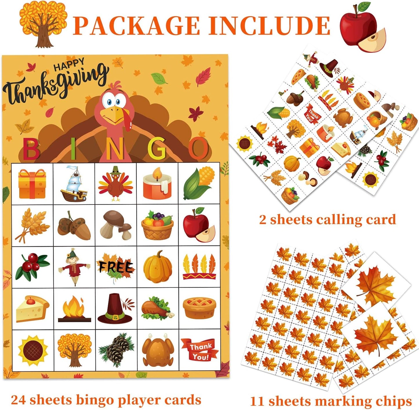 Thanksgiving Bingo Game - Fun for Families and Toddlers, Perfect for Classroom Parties with 24 Player Cards!