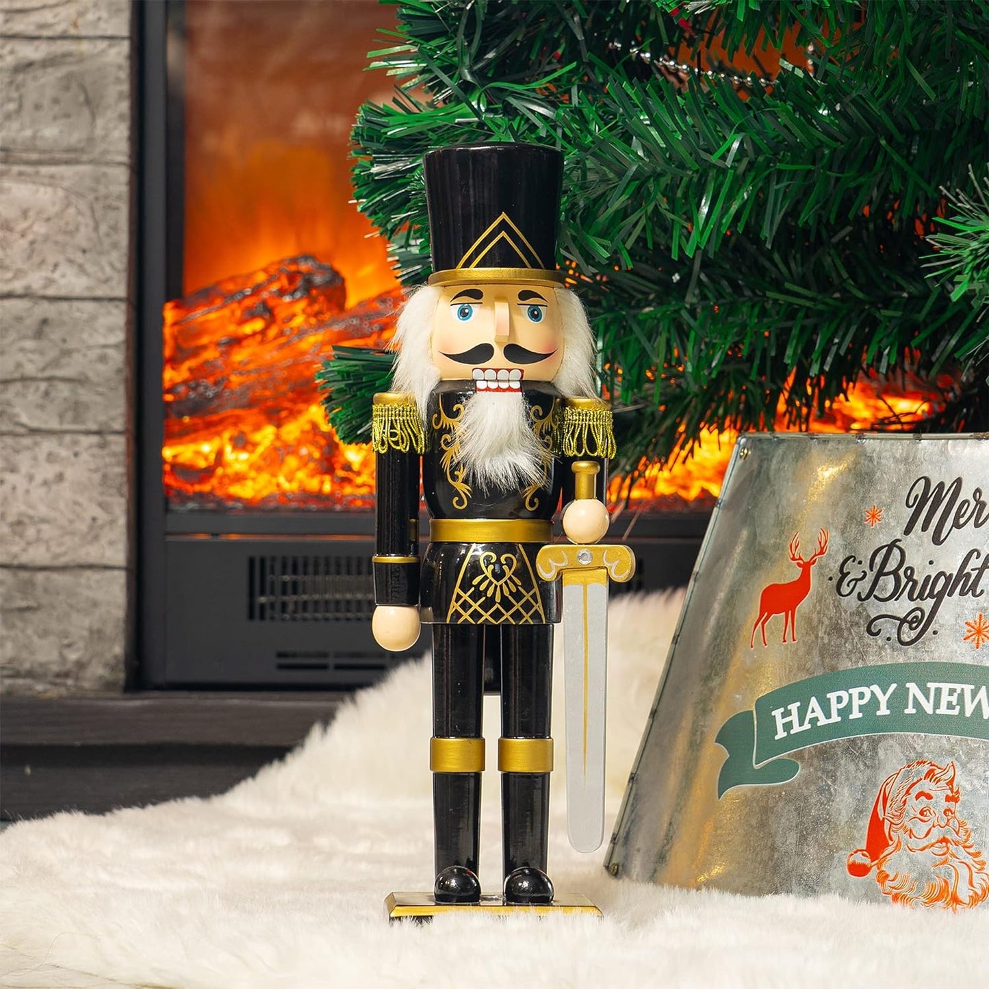 14" Festive Black Soldier Nutcracker - Wooden Decorative Figure with Sword for Holiday Indoor Table & Fireplace Decor