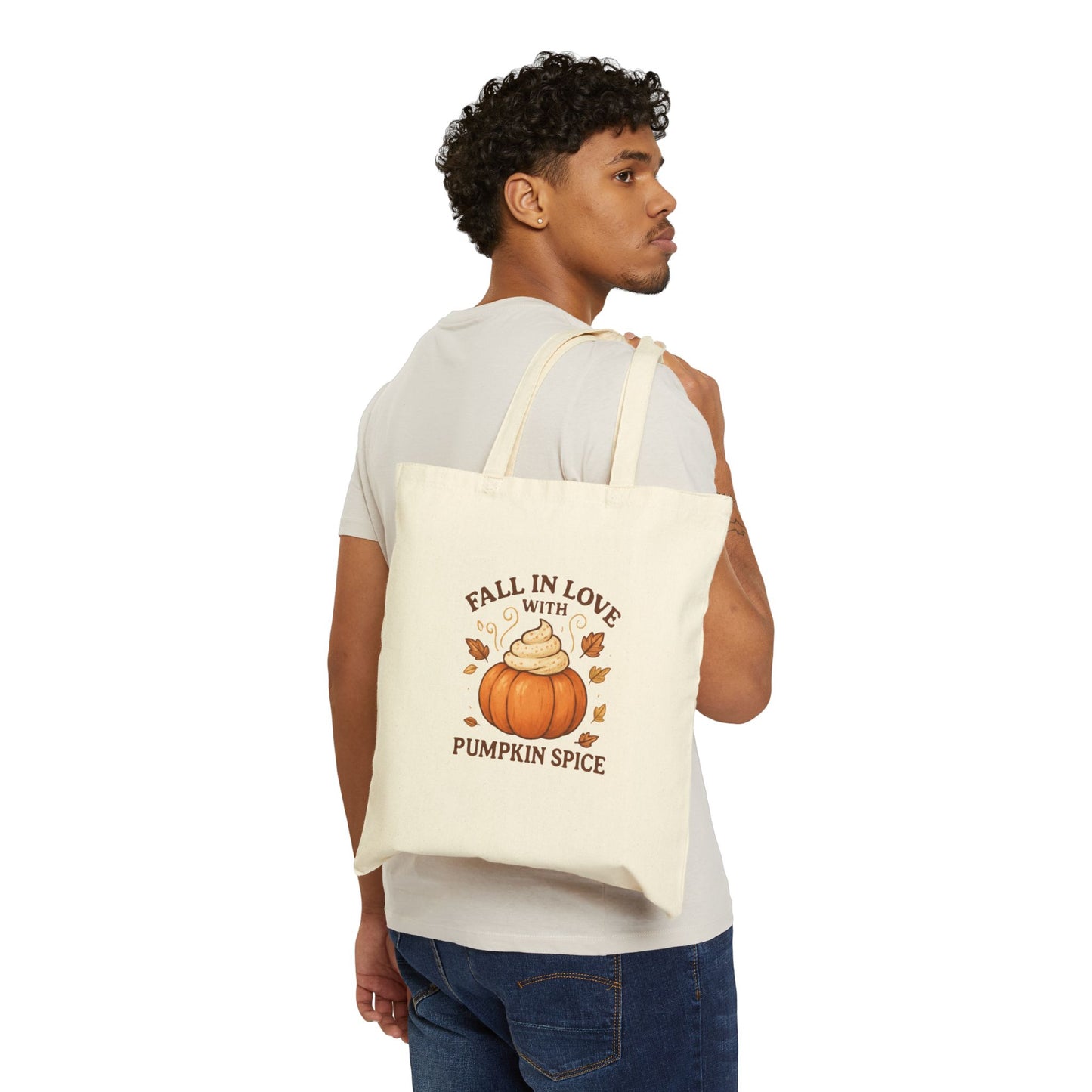 Fall in Love with Pumpkin Spice Tote Bag – Cute Autumn Canvas Bag with Whipped Cream Pumpkin & Leaves | Fall Market Tote