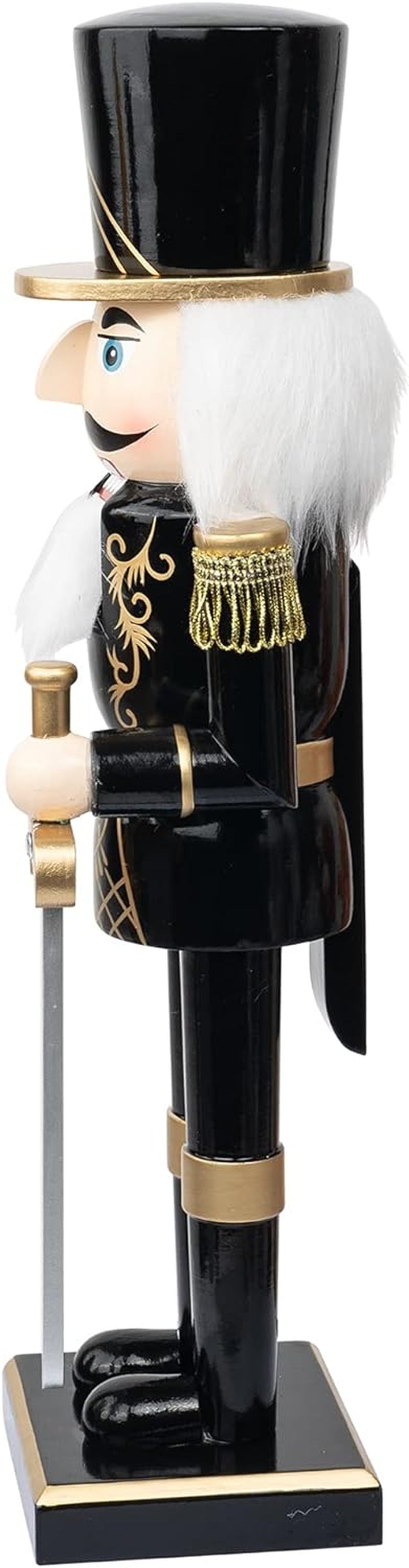 14" Festive Black Soldier Nutcracker - Wooden Decorative Figure with Sword for Holiday Indoor Table & Fireplace Decor