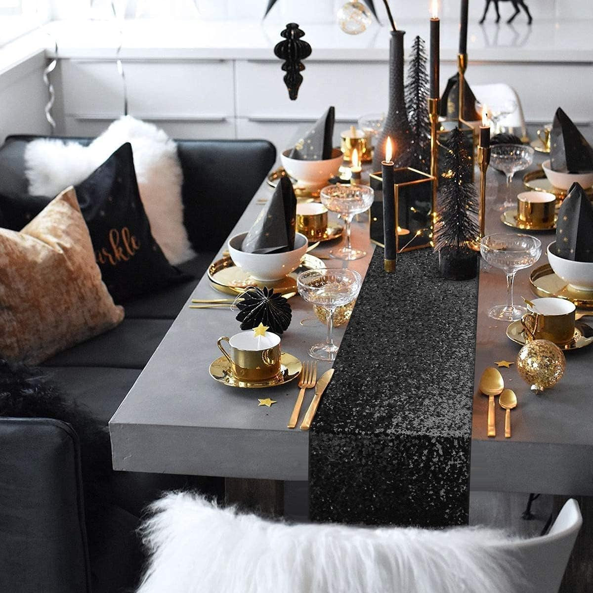 Stunning Black Sequin Table Runner Set - 2 Pack Glitter 12''X108'' for Graduation, Birthdays, Weddings, Christmas, and Halloween Parties
