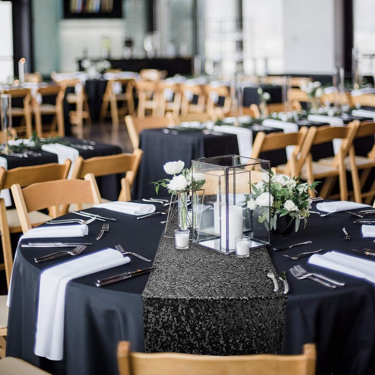Stunning Black Sequin Table Runner Set - 2 Pack Glitter 12''X108'' for Graduation, Birthdays, Weddings, Christmas, and Halloween Parties