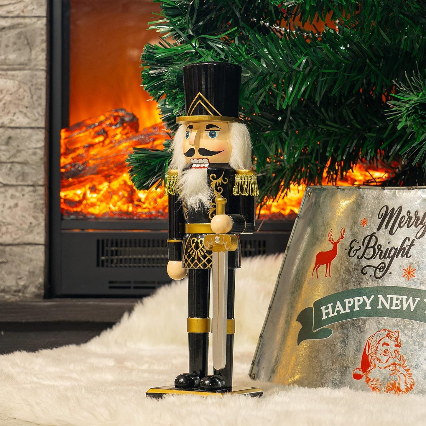 14" Festive Black Soldier Nutcracker - Wooden Decorative Figure with Sword for Holiday Indoor Table & Fireplace Decor
