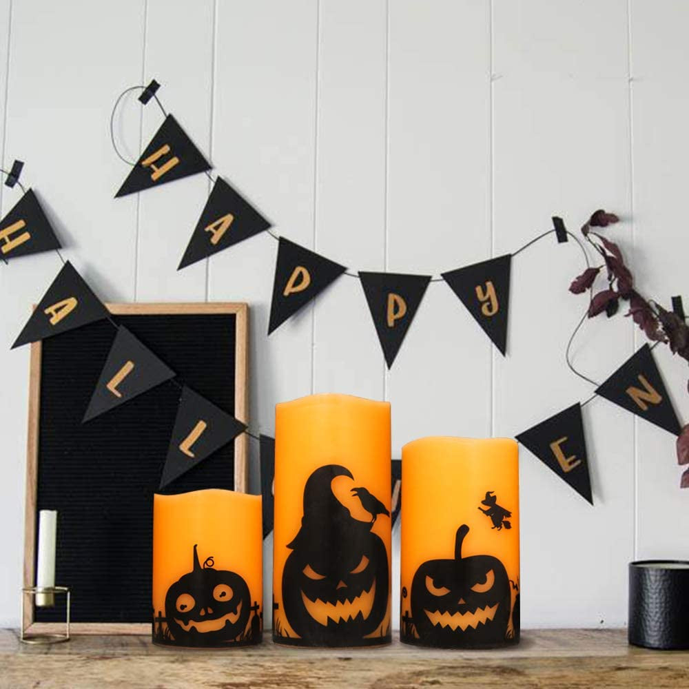 Spooktacular Halloween Flameless Candles Set - LED Flickering Pillar Candles with 6H Timer & Pumpkin Decals - Perfect for Fall Festival Decor (Set of 3: 3β, 4β, 5β Heights)