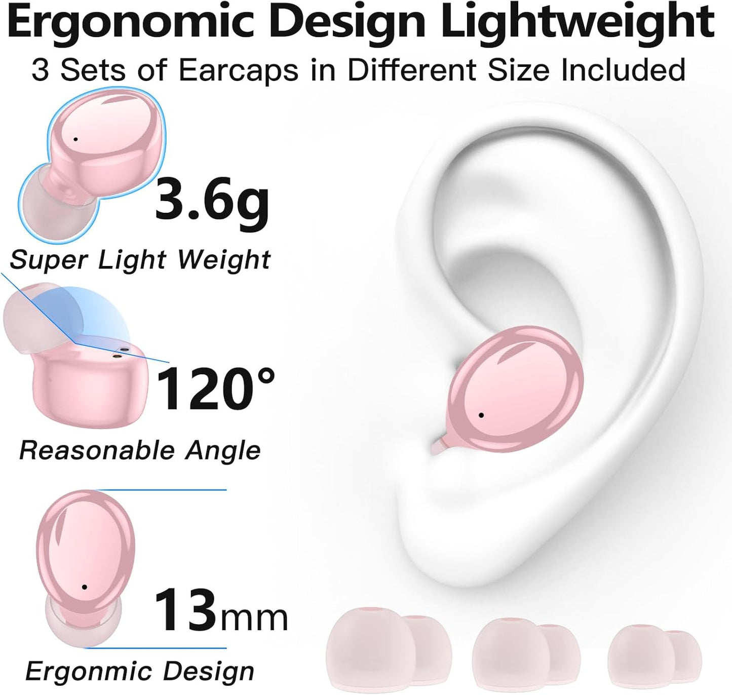 Wireless Earbuds Bluetooth 5.3 in Ear Buds Light Weight Headphones,Deep Bass Sound,Built in Mics Headset,Clear Calls Earphones for Sports Workout Glossy Bight Pink