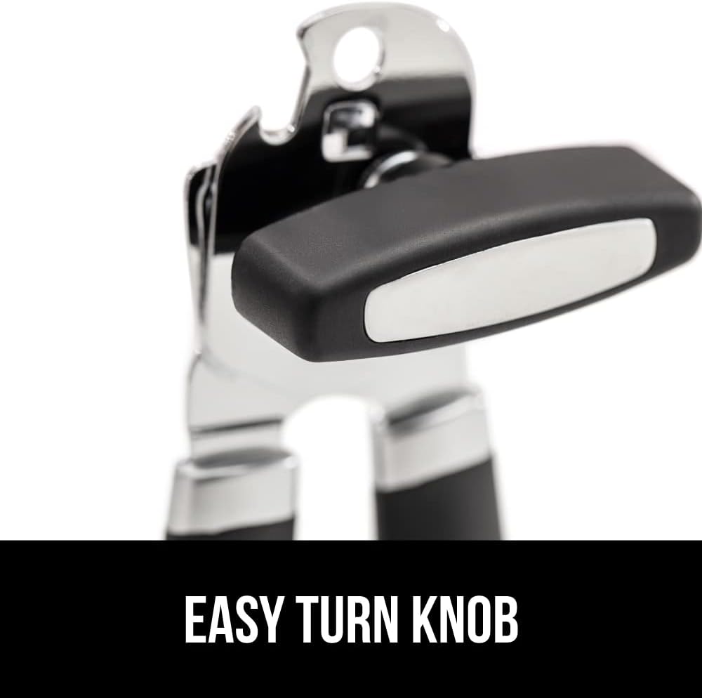 Heavy Duty Stainless Steel Smooth Edge Manual Can Opener and Bottle Openers, Soft Comfortable Handle, Oversized Handheld Turn Knob, US Designed Multifunctional Kitchen Tool, Black
