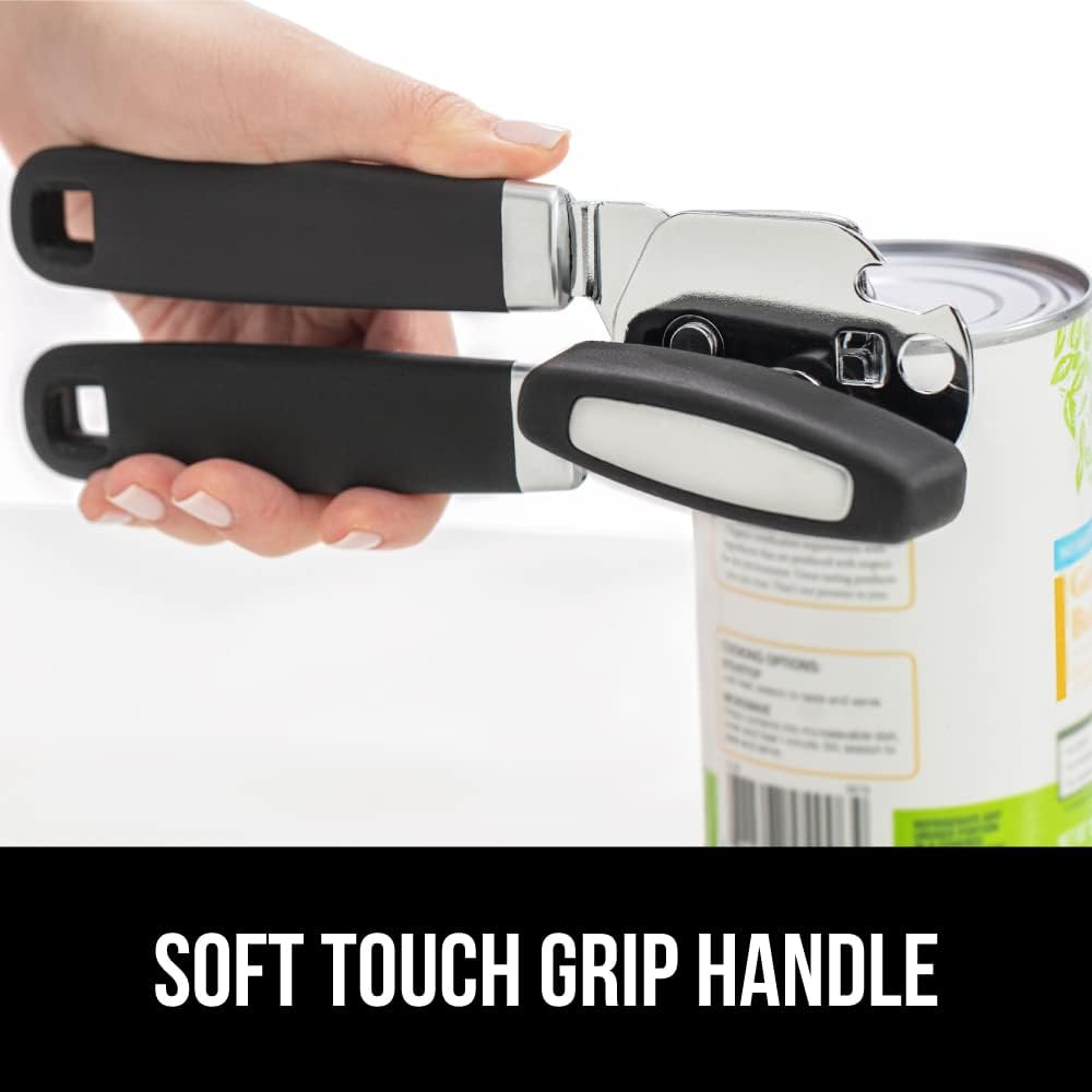 Heavy Duty Stainless Steel Smooth Edge Manual Can Opener and Bottle Openers, Soft Comfortable Handle, Oversized Handheld Turn Knob, US Designed Multifunctional Kitchen Tool, Black