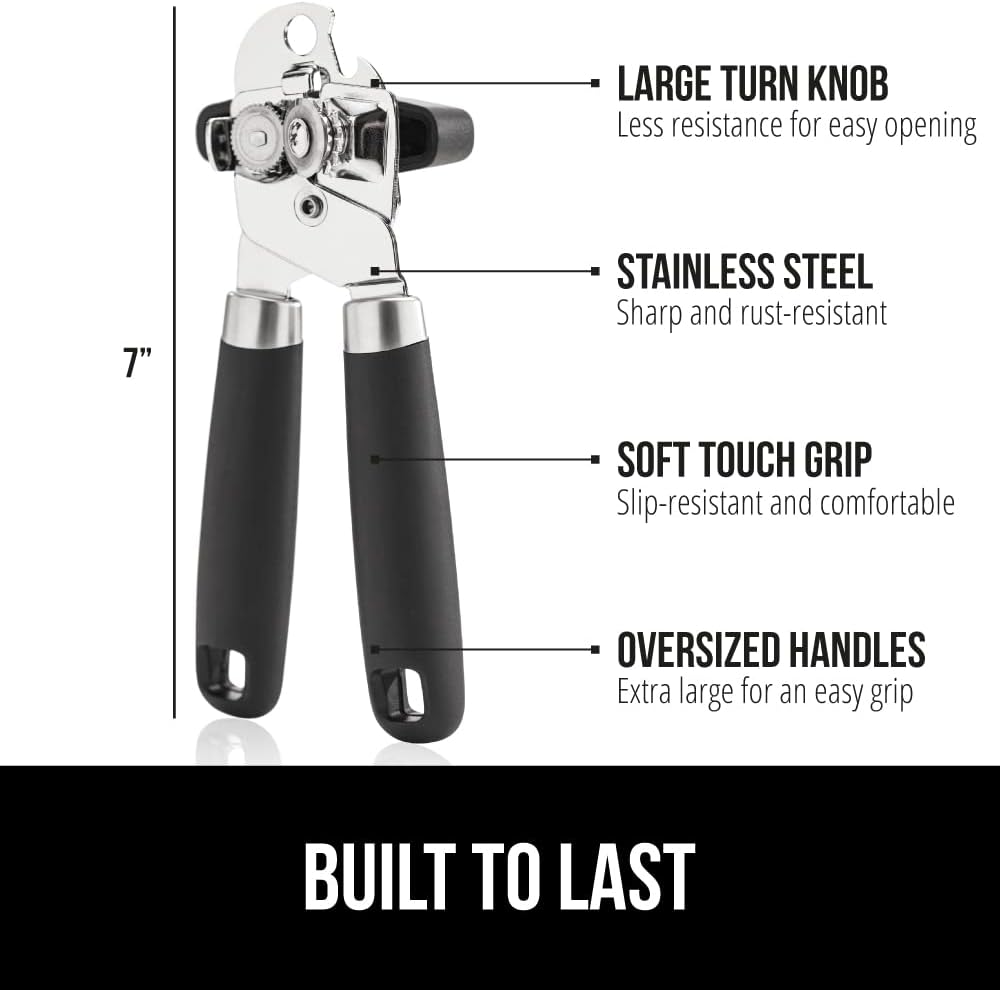 Heavy Duty Stainless Steel Smooth Edge Manual Can Opener and Bottle Openers, Soft Comfortable Handle, Oversized Handheld Turn Knob, US Designed Multifunctional Kitchen Tool, Black