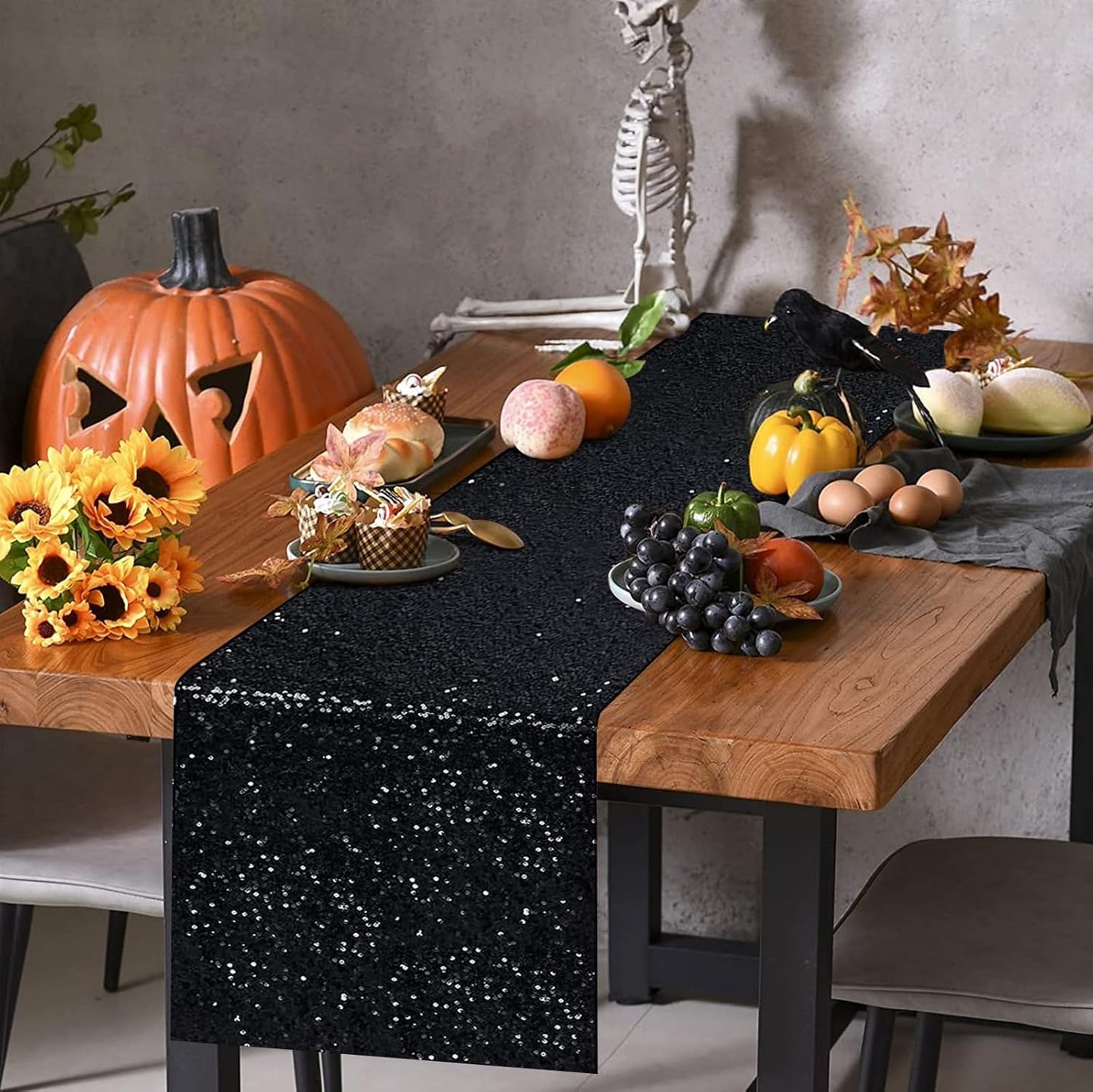 Stunning Black Sequin Table Runner Set - 2 Pack Glitter 12''X108'' for Graduation, Birthdays, Weddings, Christmas, and Halloween Parties