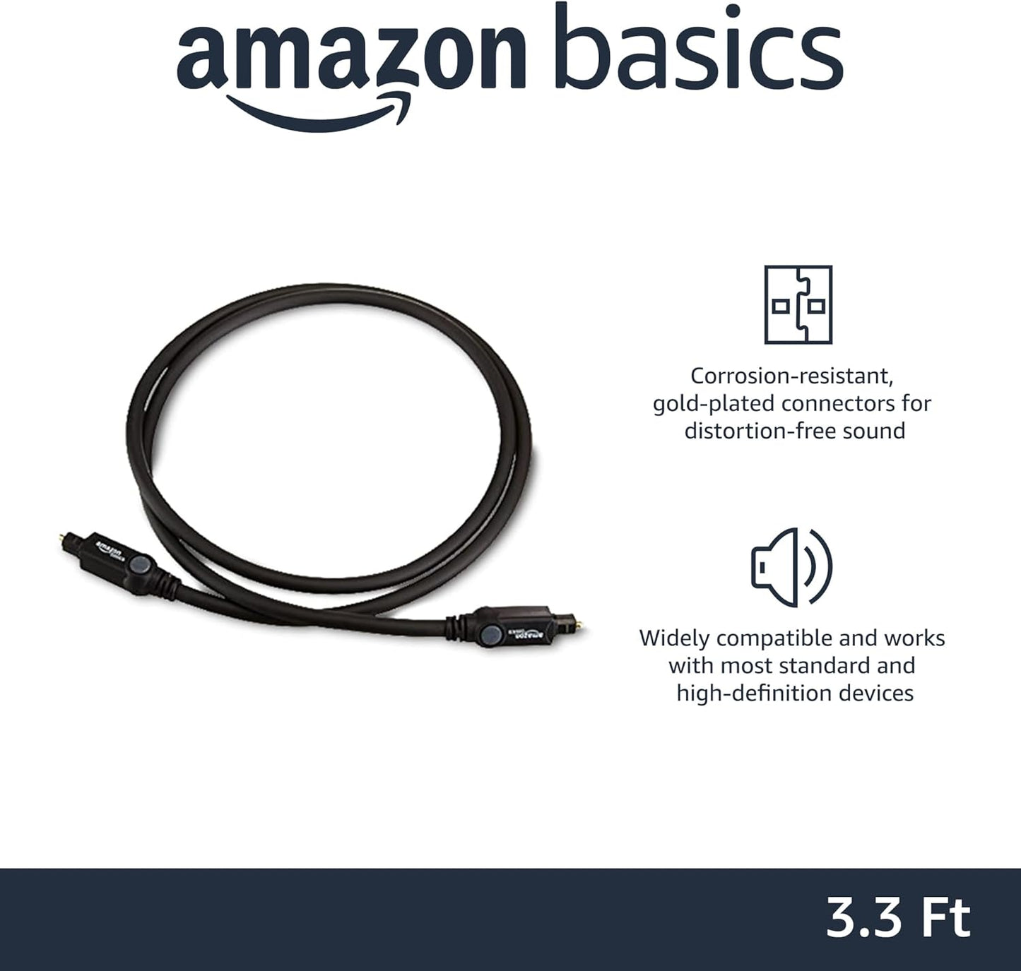 Toslink Digital Optical Audio Cable, Multi-Channel, for Audio System, Sound Bar, Home Theatre, Gold-Plated Connectors, 3.3 Feet, Black