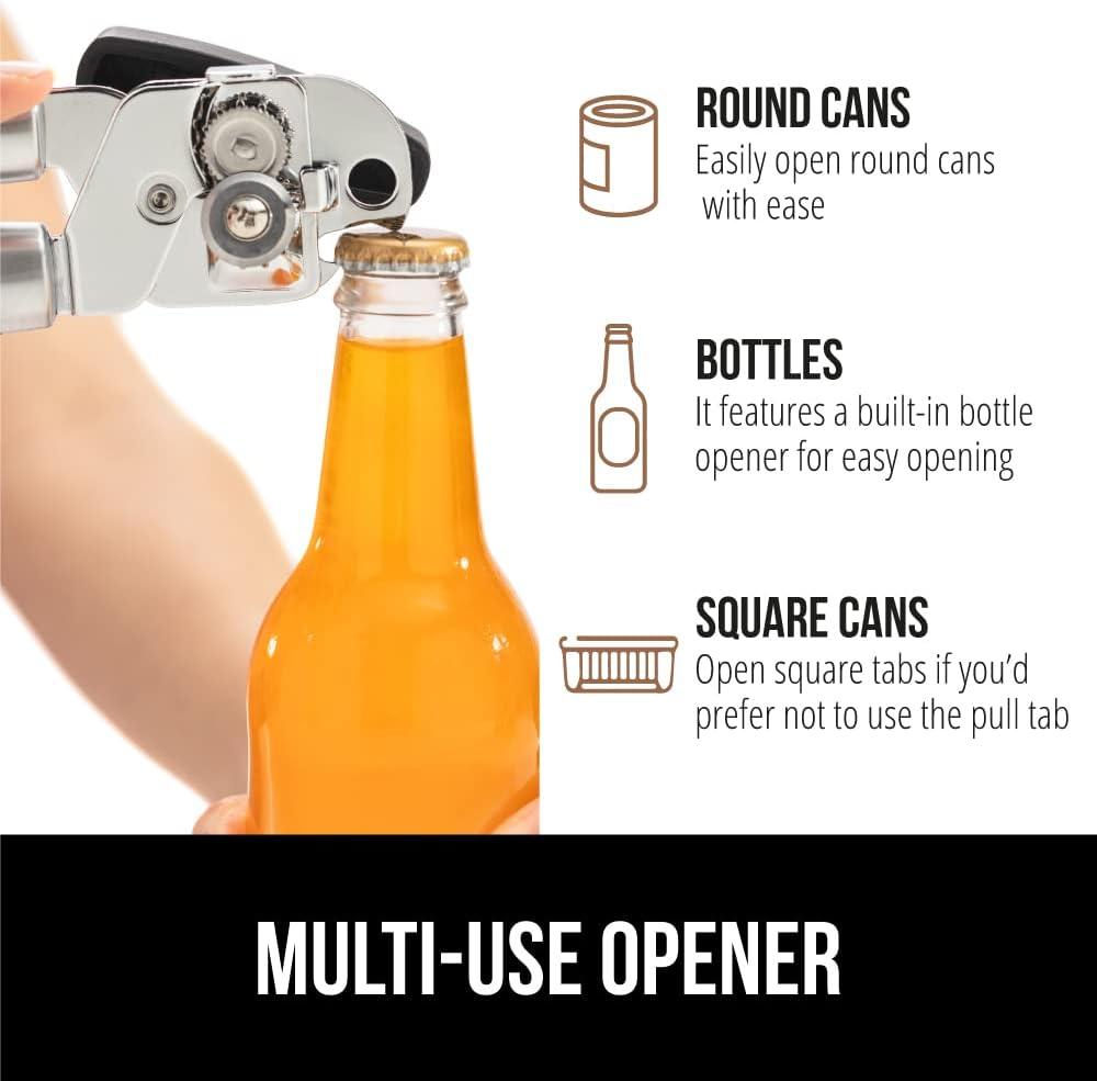 Heavy Duty Stainless Steel Smooth Edge Manual Can Opener and Bottle Openers, Soft Comfortable Handle, Oversized Handheld Turn Knob, US Designed Multifunctional Kitchen Tool, Black