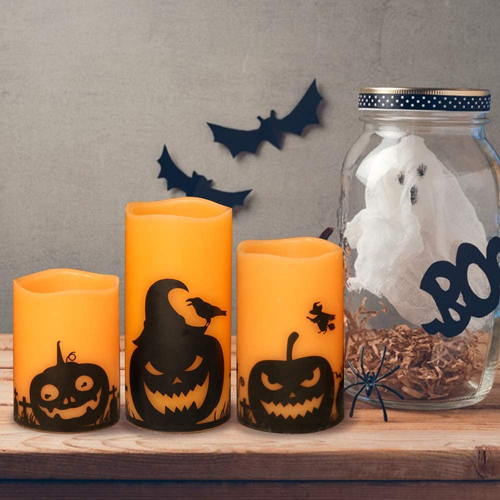 Spooktacular Halloween Flameless Candles Set - LED Flickering Pillar Candles with 6H Timer & Pumpkin Decals - Perfect for Fall Festival Decor (Set of 3: 3β, 4β, 5β Heights)