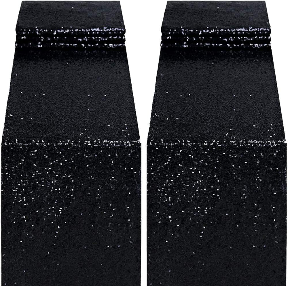 Stunning Black Sequin Table Runner Set - 2 Pack Glitter 12''X108'' for Graduation, Birthdays, Weddings, Christmas, and Halloween Parties