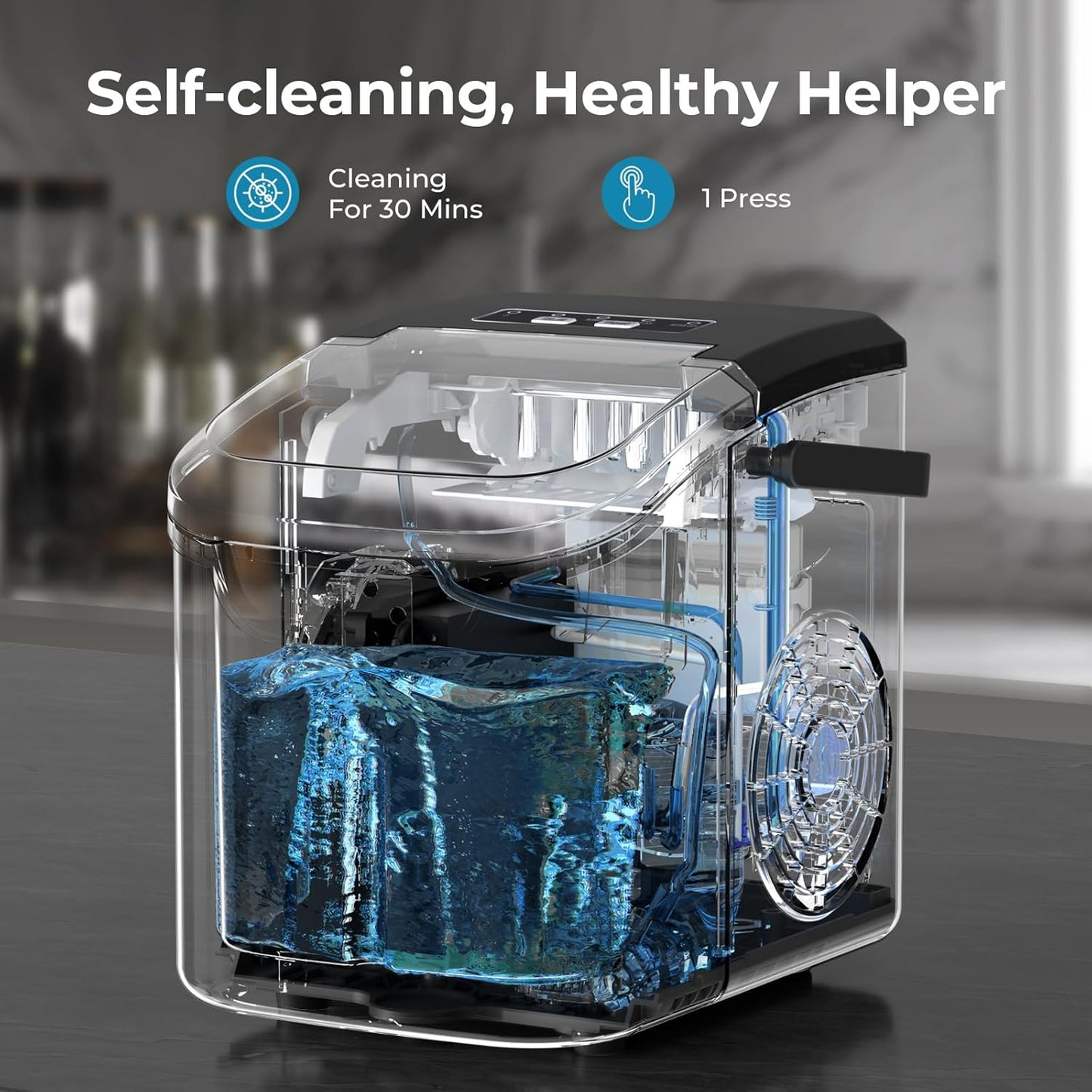 Countertop Ice Maker Machine, 8 Ice Cubes in 6 Mins, 26Lb/Day Ice with 2 Sizes- Portable Mini, Energy Saving & Basket/Scoop for Home/Party/Travel/Camping/Bar, Dark Black