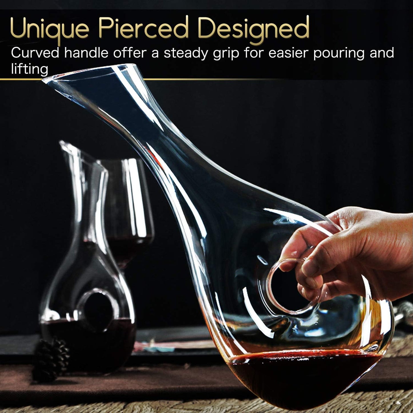 Hand Blown Crystal Wine Decanter - Classic Pierced Design, Luxury Wine Carafe
