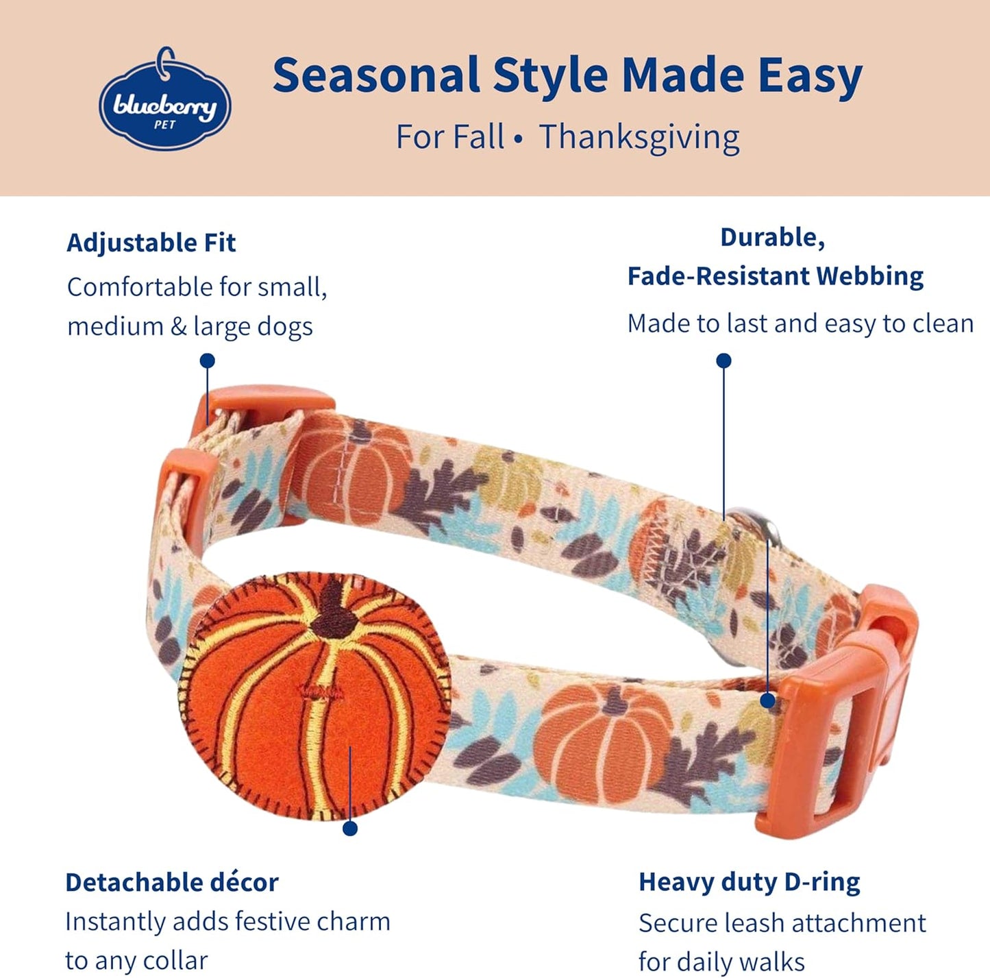 Thanksgiving Pumpkin Dog Collar - Adjustable Fall Collar for Small to Medium Dogs, Ideal for Holiday Photos and Festive Celebrations