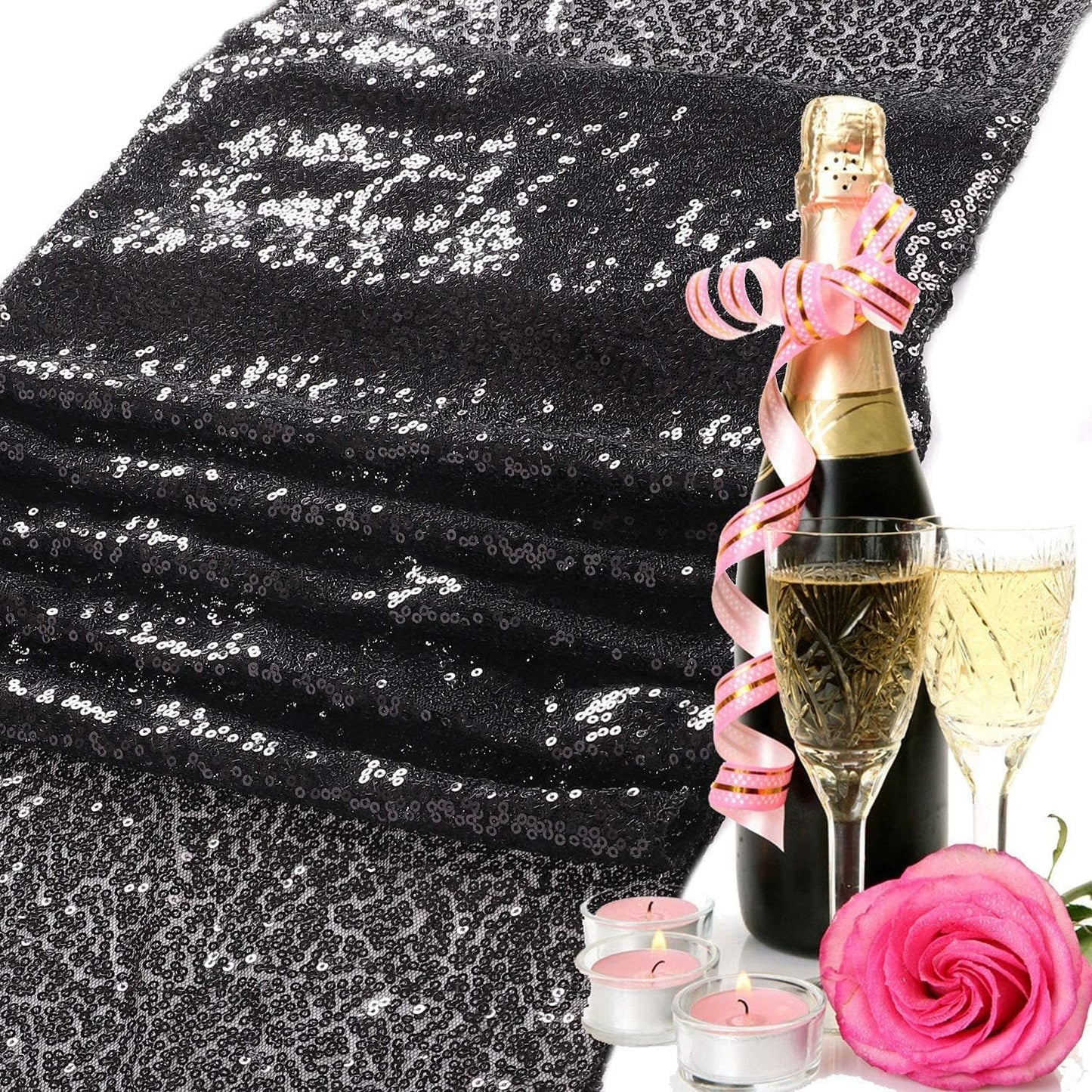 Stunning Black Sequin Table Runner Set - 2 Pack Glitter 12''X108'' for Graduation, Birthdays, Weddings, Christmas, and Halloween Parties