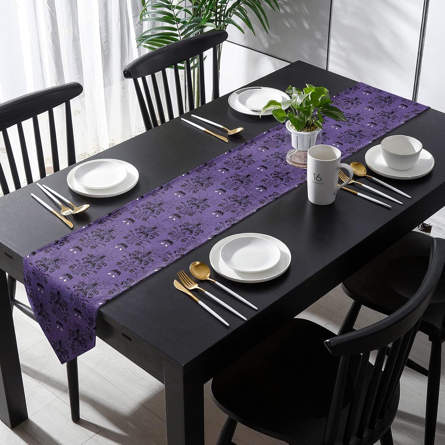 Spooky Elegance: Halloween Black Spider Web Bat Table Runner - 13 x 108 Inches Cotton Linen for Festive Home Decor