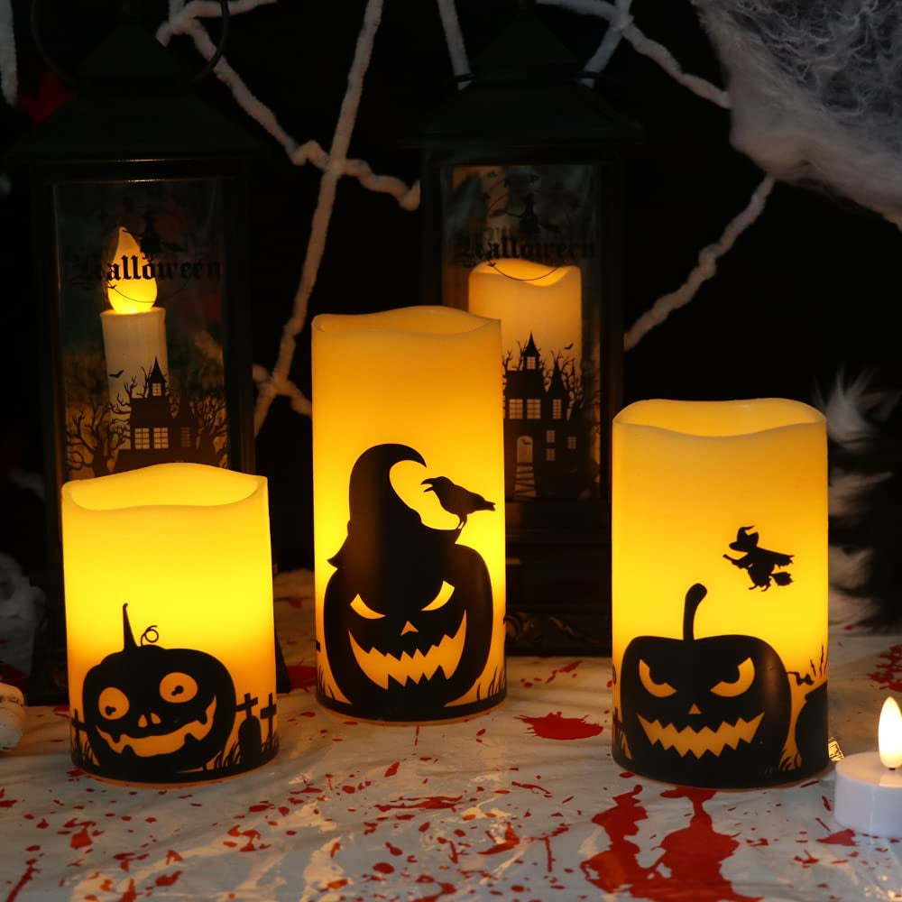 Spooktacular Halloween Flameless Candles Set - LED Flickering Pillar Candles with 6H Timer & Pumpkin Decals - Perfect for Fall Festival Decor (Set of 3: 3β, 4β, 5β Heights)