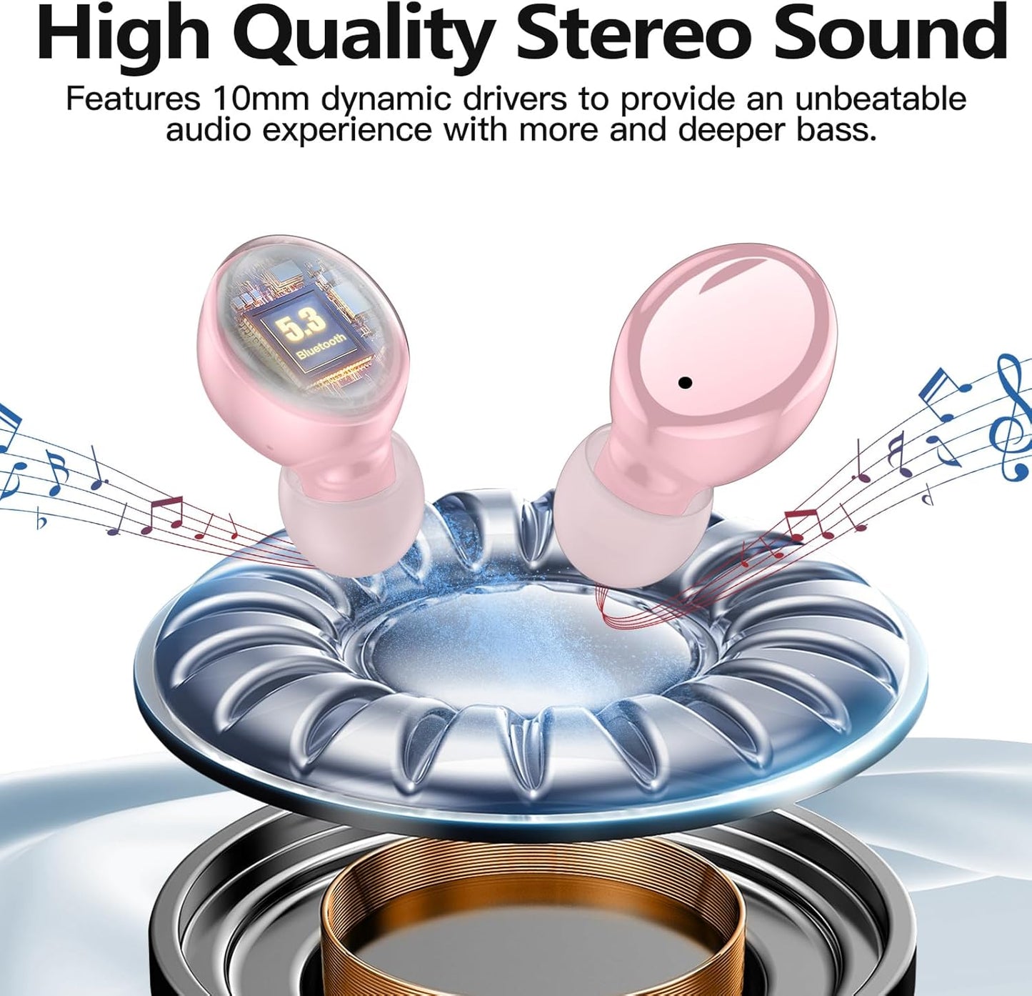 Wireless Earbuds Bluetooth 5.3 in Ear Buds Light Weight Headphones,Deep Bass Sound,Built in Mics Headset,Clear Calls Earphones for Sports Workout Glossy Bight Pink