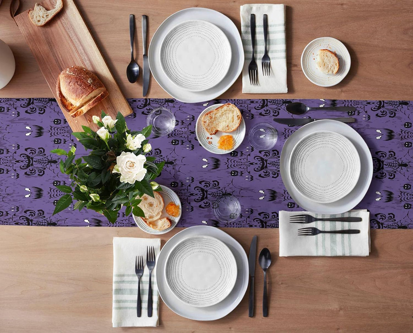 Spooky Elegance: Halloween Black Spider Web Bat Table Runner - 13 x 108 Inches Cotton Linen for Festive Home Decor
