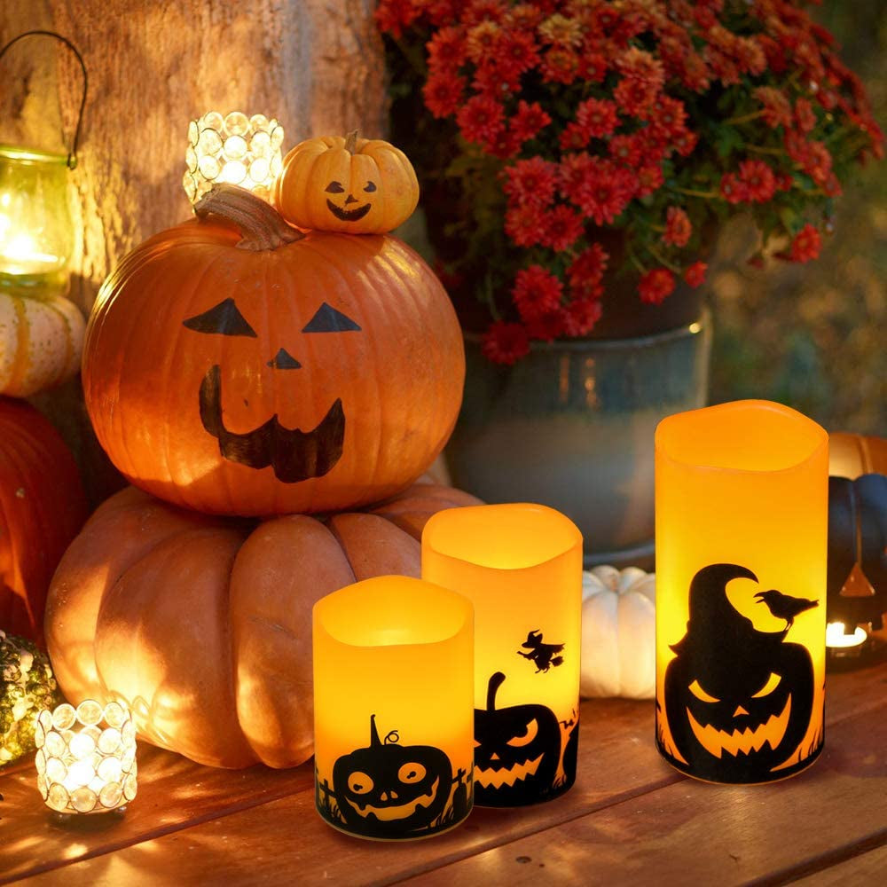 Spooktacular Halloween Flameless Candles Set - LED Flickering Pillar Candles with 6H Timer & Pumpkin Decals - Perfect for Fall Festival Decor (Set of 3: 3β, 4β, 5β Heights)