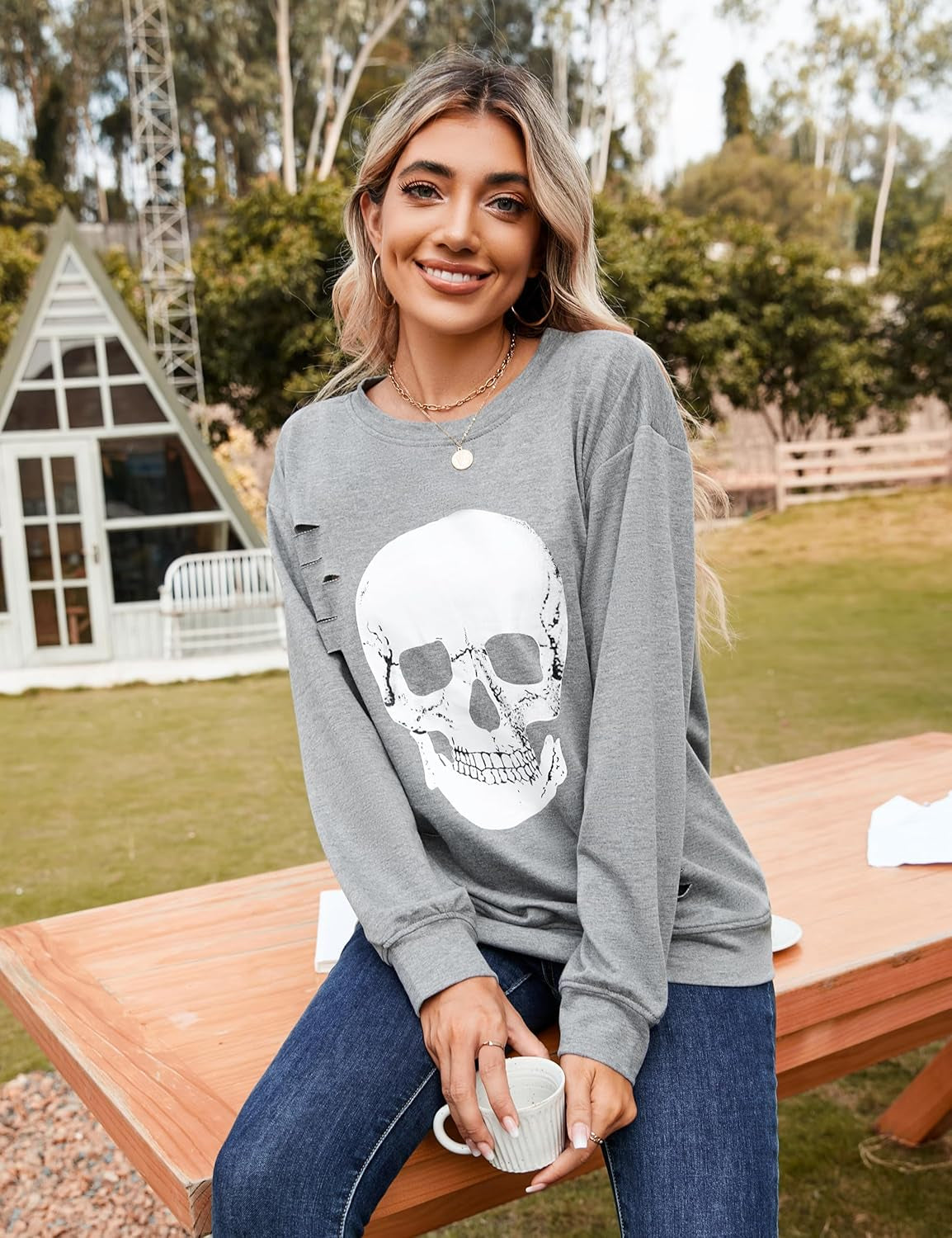 Gothic Skull Graphic Long Sleeve Sweatshirts for Women - Stylish Halloween Pullover Tops 2025