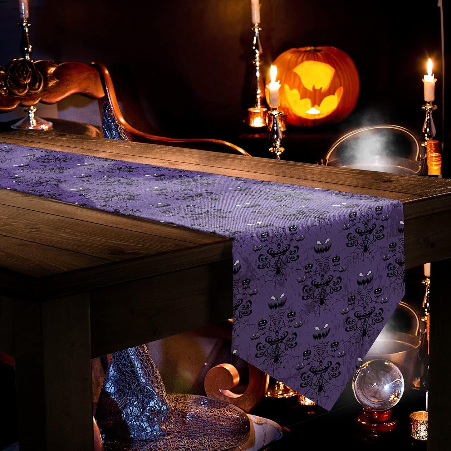 Spooky Elegance: Halloween Black Spider Web Bat Table Runner - 13 x 108 Inches Cotton Linen for Festive Home Decor
