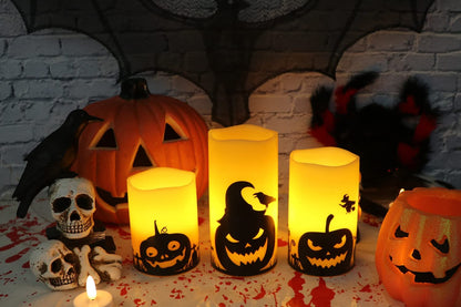 Spooktacular Halloween Flameless Candles Set - LED Flickering Pillar Candles with 6H Timer & Pumpkin Decals - Perfect for Fall Festival Decor (Set of 3: 3”, 4”, 5” Heights)