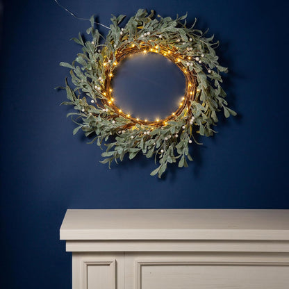 Winter Wreaths for Front Door Outside, 20 Inch Flocked Wreath with Mistletoe & Pearly White Berries, 75 LED Lights, Battery Powered, Timer, Farmhouse Wreath, Winter Wreaths for Indoors