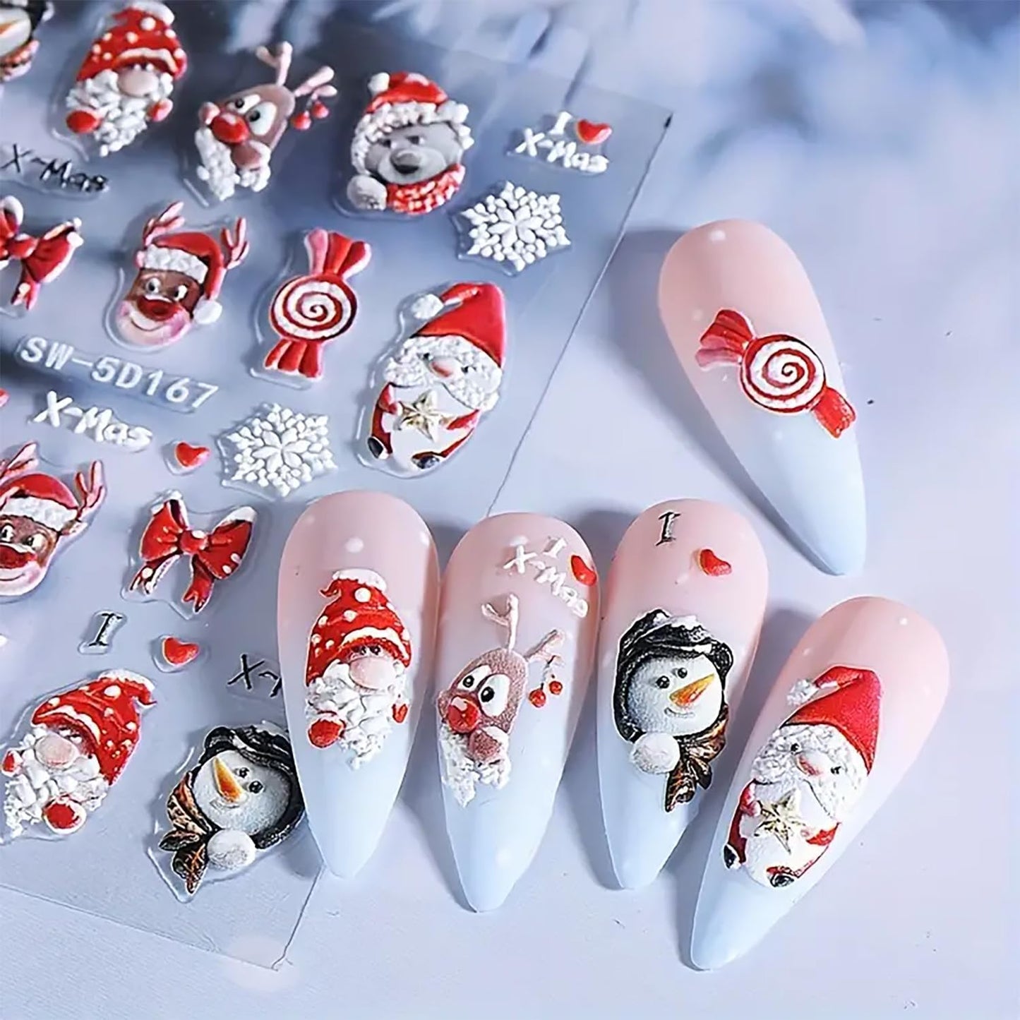 Christmas Nail Art Stickers Decals 5D Embossed Nail Design Stickers Christmas Tree Elk Snowman Nail Stickers Winter Xmas Nail Art Decals Self Adhesive Nail Supplies for Women Nail Decorations, 2Pcs