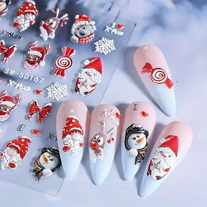 Christmas Nail Art Stickers Decals 5D Embossed Nail Design Stickers Christmas Tree Elk Snowman Nail Stickers Winter Xmas Nail Art Decals Self Adhesive Nail Supplies for Women Nail Decorations, 2Pcs