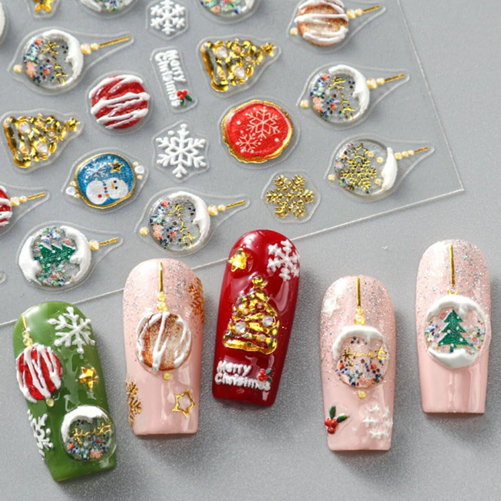 5D Embossed Christmas Nail Stickers Xmas Crystal Ball Nail Sticker Christmas Nail Decals for Nail Art Supplies Winter Snowfalkes Snowman Christmas Tree Holiday Nail Art Stickers Nail Accessories