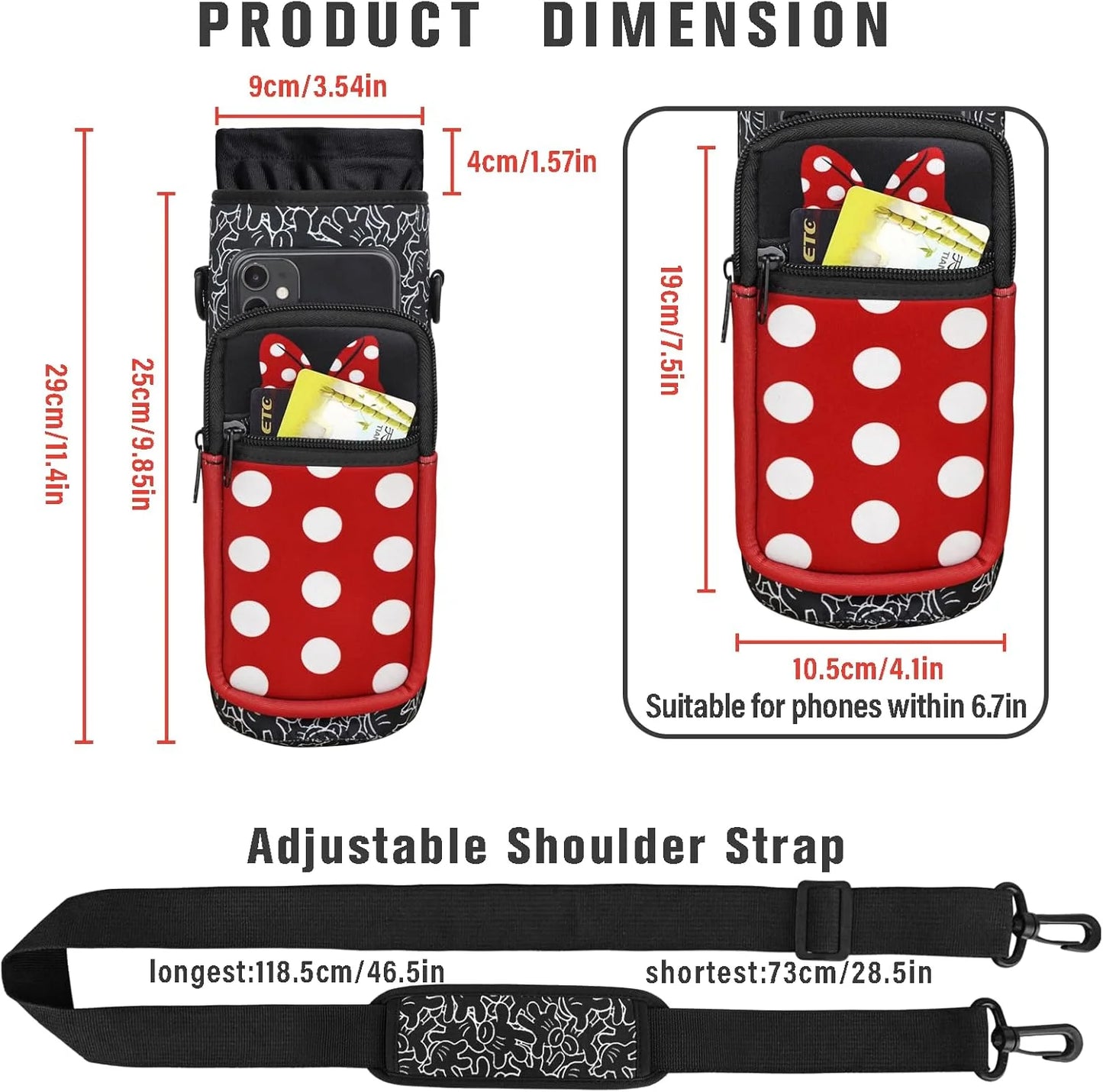 Cartoon Mouse Water Bottle Sleeve Cup Carrier Bag for 16/20/24/30/32/40 OZ Insulted Tumbler Holder with Strap for Women Girl Hiking Camping