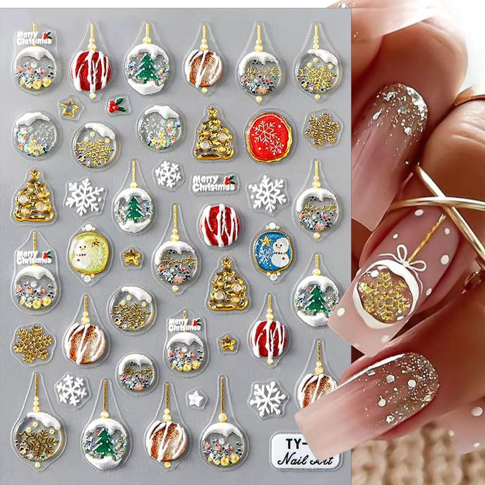 5D Embossed Christmas Nail Stickers Xmas Crystal Ball Nail Sticker Christmas Nail Decals for Nail Art Supplies Winter Snowfalkes Snowman Christmas Tree Holiday Nail Art Stickers Nail Accessories