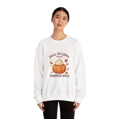 Pumpkin Spice Fall Sweatshirt – “Fall in Love with Pumpkin Spice” Cozy Crewneck with Whipped Cream Pumpkin & Leaves