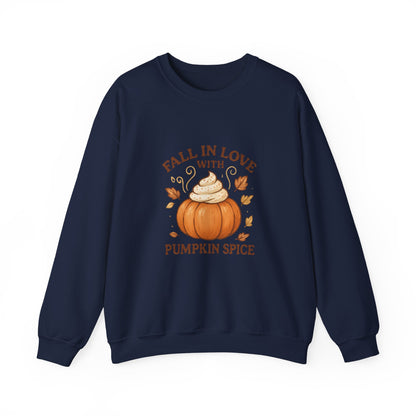 Pumpkin Spice Fall Sweatshirt – “Fall in Love with Pumpkin Spice” Cozy Crewneck with Whipped Cream Pumpkin & Leaves