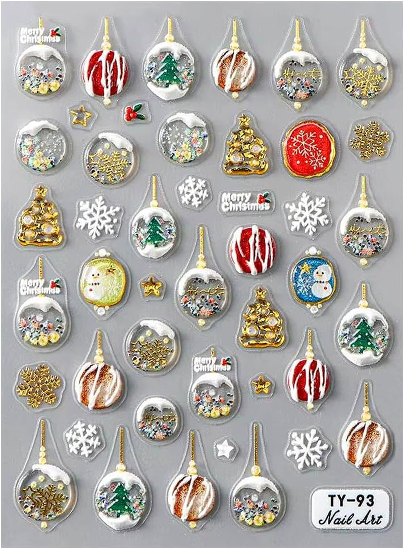 5D Embossed Christmas Nail Stickers Xmas Crystal Ball Nail Sticker Christmas Nail Decals for Nail Art Supplies Winter Snowfalkes Snowman Christmas Tree Holiday Nail Art Stickers Nail Accessories