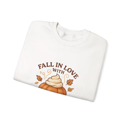 Pumpkin Spice Fall Sweatshirt – “Fall in Love with Pumpkin Spice” Cozy Crewneck with Whipped Cream Pumpkin & Leaves