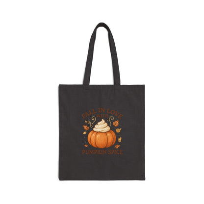 Fall in Love with Pumpkin Spice Tote Bag – Cute Autumn Canvas Bag with Whipped Cream Pumpkin & Leaves | Fall Market Tote