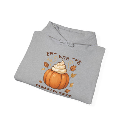 Pumpkin Spice Fall Hooded Sweatshirt – “Fall in Love with Pumpkin Spice” Cozy Crewneck with Whipped Cream Pumpkin & Leaves