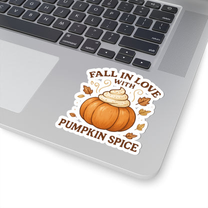 Pumpkin Spice Everything Sticker – “Fall in Love with Pumpkin Spice” Autumn Sticker with Whipped Cream Pumpkin & Leaves