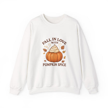 Pumpkin Spice Fall Sweatshirt – “Fall in Love with Pumpkin Spice” Cozy Crewneck with Whipped Cream Pumpkin & Leaves