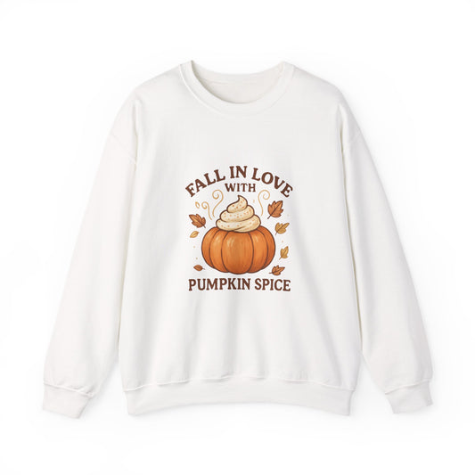 Pumpkin Spice Fall Sweatshirt – “Fall in Love with Pumpkin Spice” Cozy Crewneck with Whipped Cream Pumpkin & Leaves