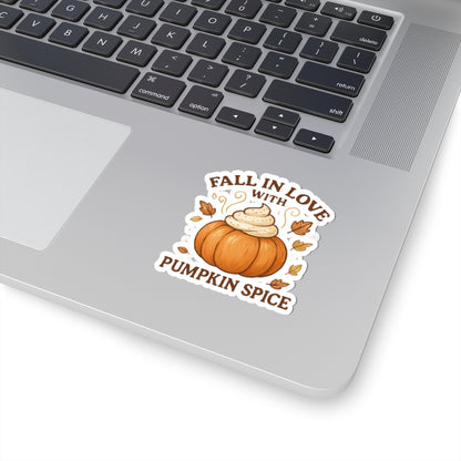 Pumpkin Spice Everything Sticker – “Fall in Love with Pumpkin Spice” Autumn Sticker with Whipped Cream Pumpkin & Leaves