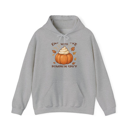 Pumpkin Spice Fall Hooded Sweatshirt – “Fall in Love with Pumpkin Spice” Cozy Crewneck with Whipped Cream Pumpkin & Leaves