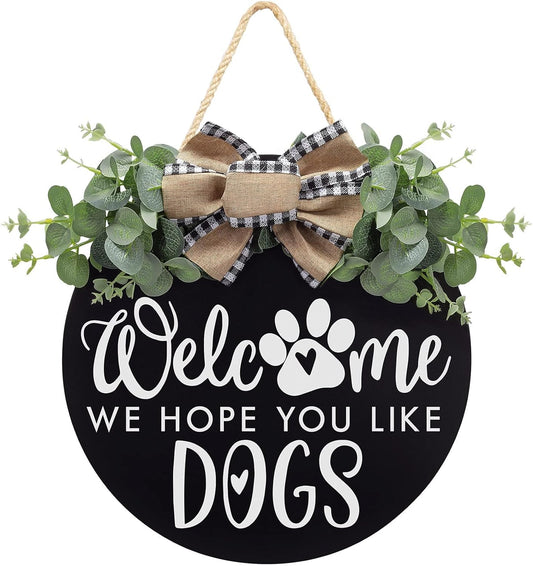 Charming Farmhouse Welcome Sign for Dog Lovers - Eucalyptus & Buffalo Bow Decor for Front Door or Porch - Perfect Housewarming Gift for Spring & Summer