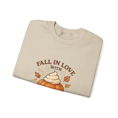 Pumpkin Spice Fall Sweatshirt – “Fall in Love with Pumpkin Spice” Cozy Crewneck with Whipped Cream Pumpkin & Leaves