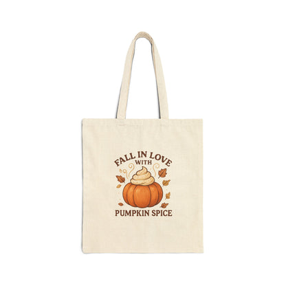Fall in Love with Pumpkin Spice Tote Bag – Cute Autumn Canvas Bag with Whipped Cream Pumpkin & Leaves | Fall Market Tote